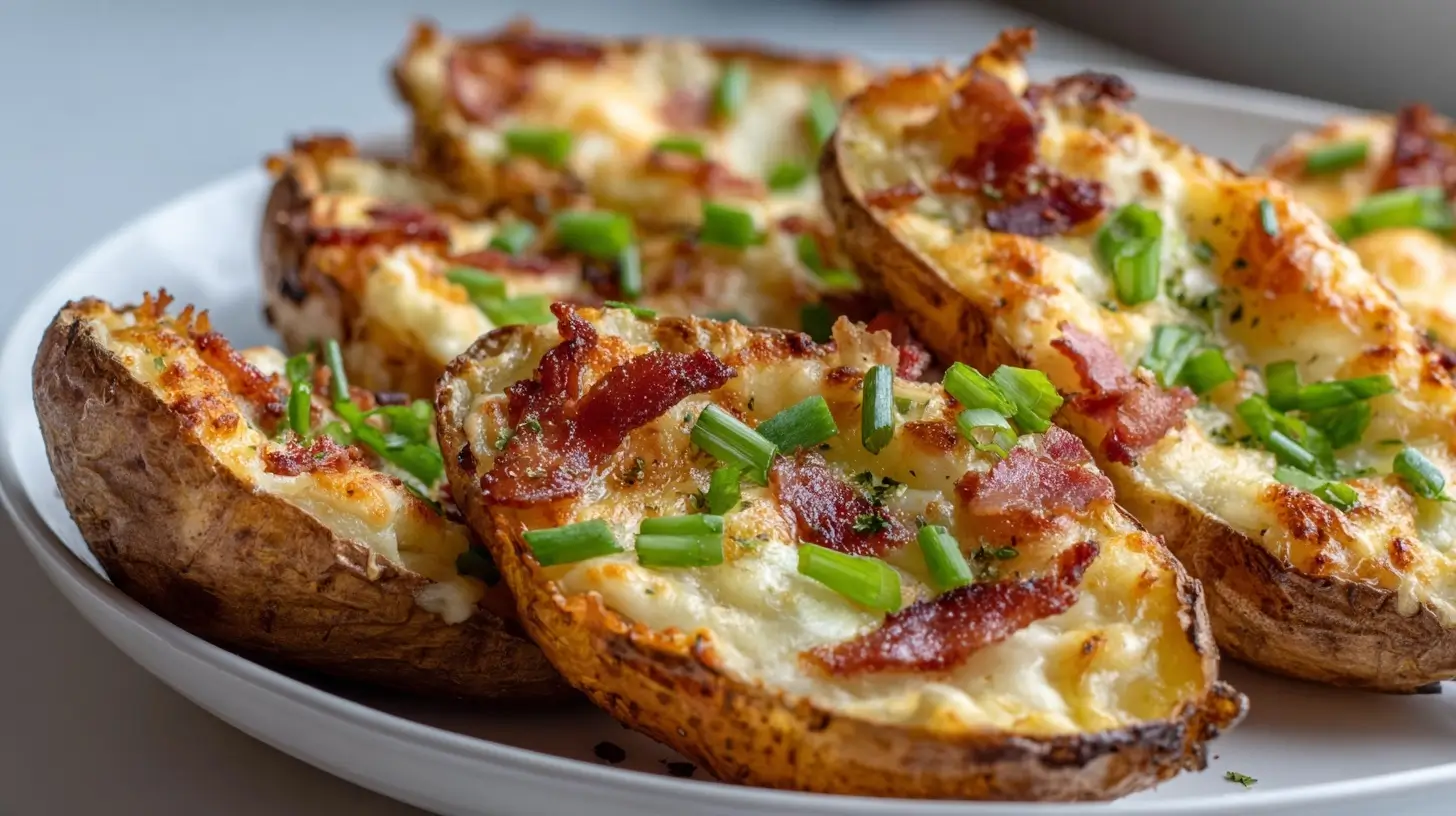 Delicious air fryer potato skins topped with cheese, bacon, and green onions.