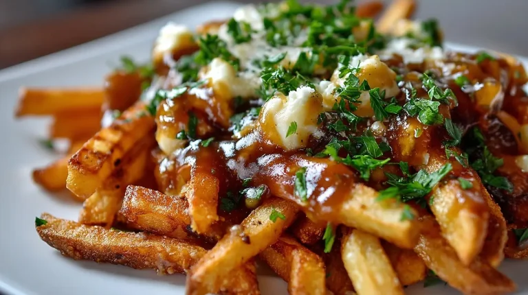 Delicious air fryer poutine topped with cheese curds and rich gravy.