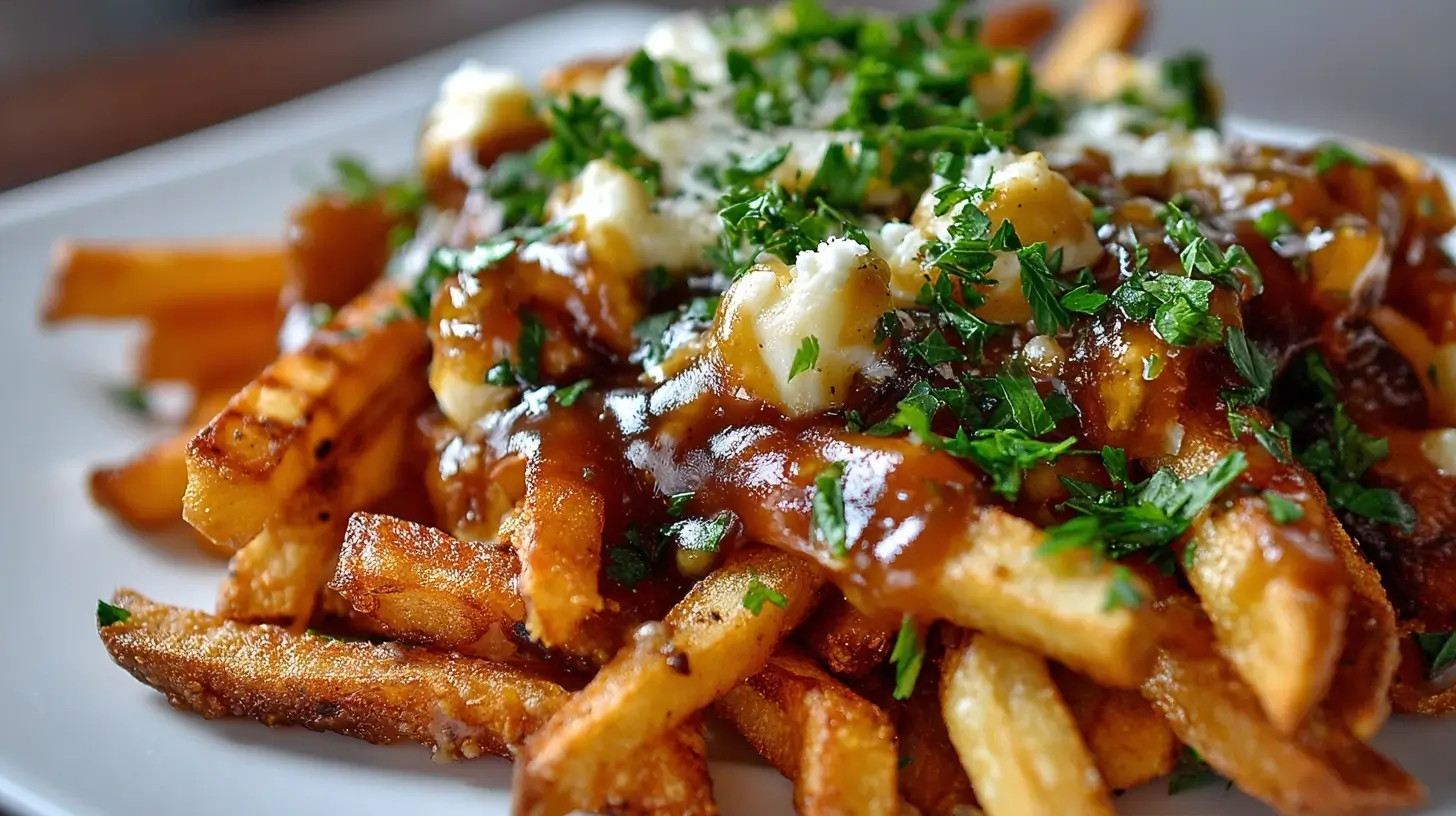 Delicious air fryer poutine topped with cheese curds and rich gravy.