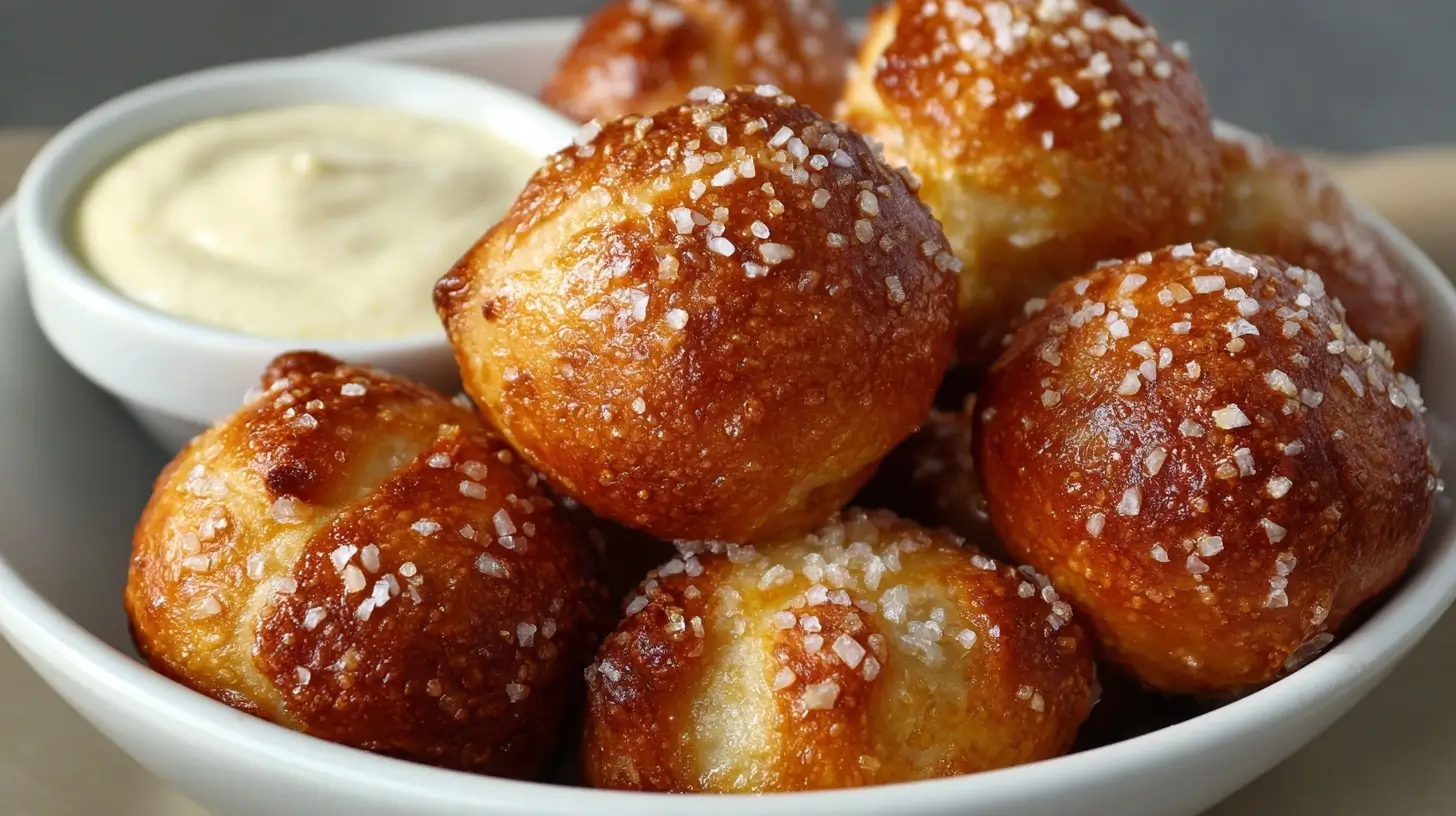 Delicious air fryer pretzel bites served with mustard dip for a perfect snack.