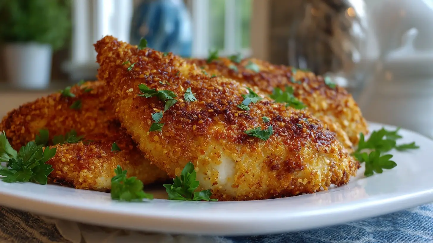 Crispy air fryer pretzel crusted chicken served with a side of tangy dipping sauce.