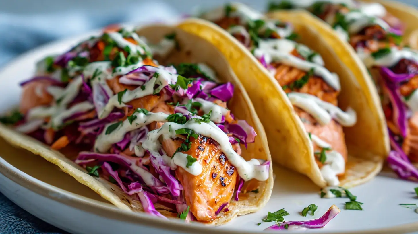 Delicious air fryer salmon tacos topped with fresh vegetables and lime.