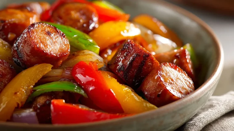 Delicious air fryer sausage and peppers dish with a colorful vegetable medley.