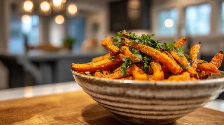 Crispy air fryer sweet potato fries, perfectly seasoned for a delicious snack.