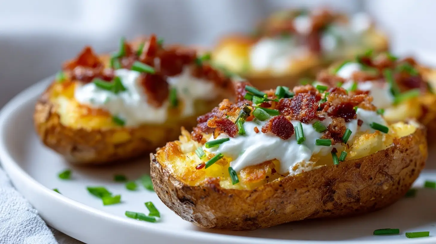 Delicious air fryer twice baked potatoes filled with creamy cheese and chives.